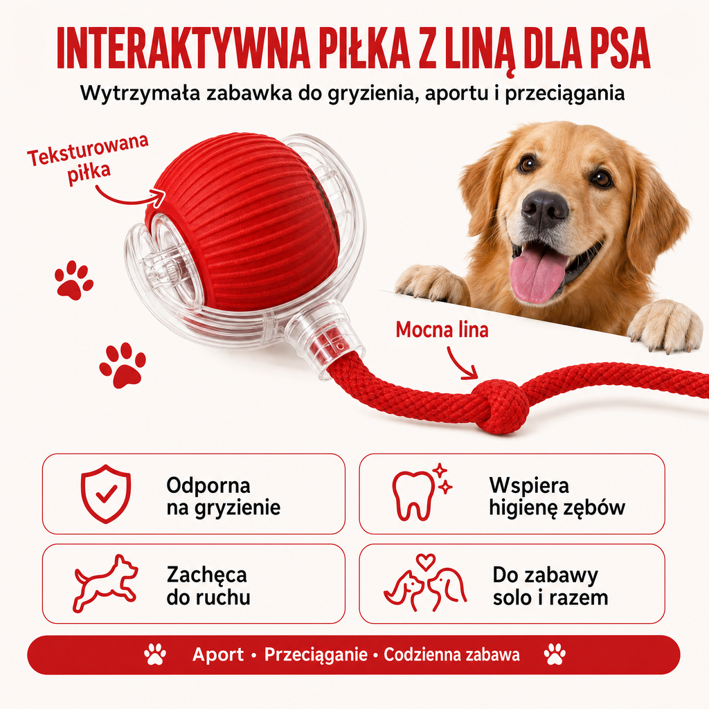 Interaktywna czerwona piłka z liną dla psa i kota – najważniejsze cechy