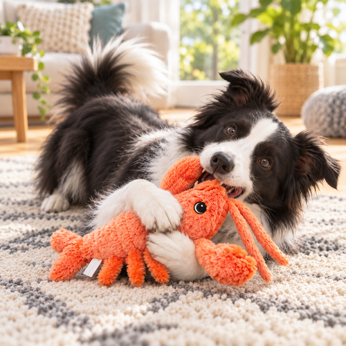 Border collie bawi się pomarańczowym pluszowym homarem na dywanie